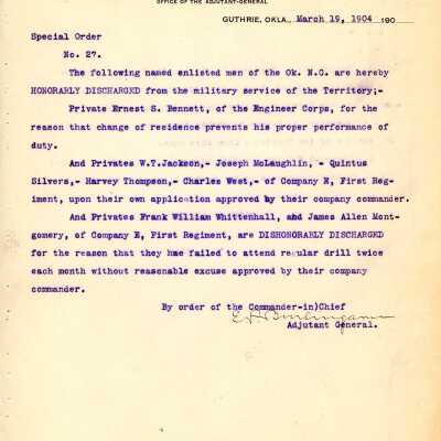 Special Order #27 Headquarters Oklahoma National Guard-1904