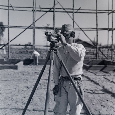 Japanese civilian using transit at construction site