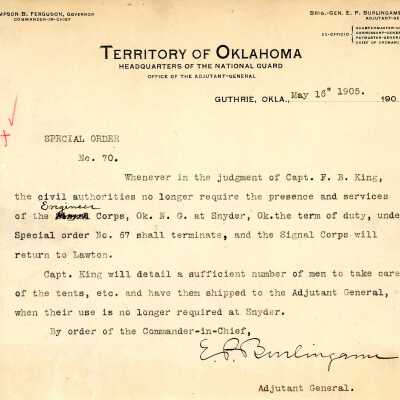 Special Order #70 Headquarters Oklahoma National Guard-1905