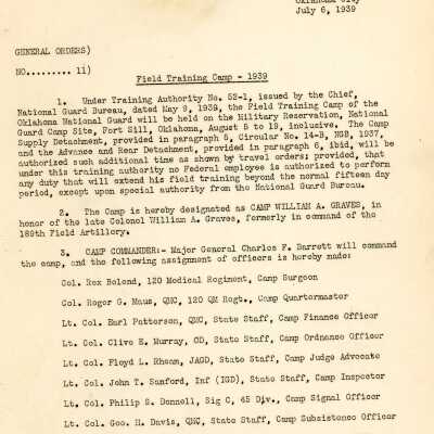 General Order #11 Headquarters Oklahoma National Guard-1939