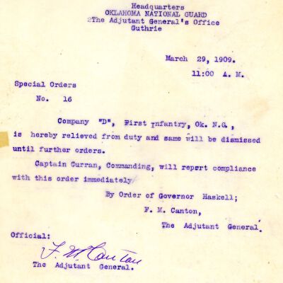 Special Order #16 Headquarters Oklahoma National Guard-1909