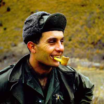 Portrait photograph of soldier smoking a pipe