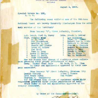 Special Order #112 Headquarters Oklahoma National Guard-1906