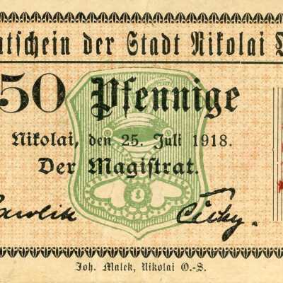 German City of Nikolai Fifty Pfennig Notgeld-1918