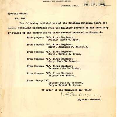 Special Order #109 Headquarters Oklahoma National Guard-1904
