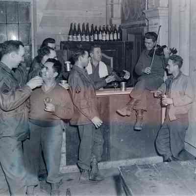 Soldiers relax at homemade bar