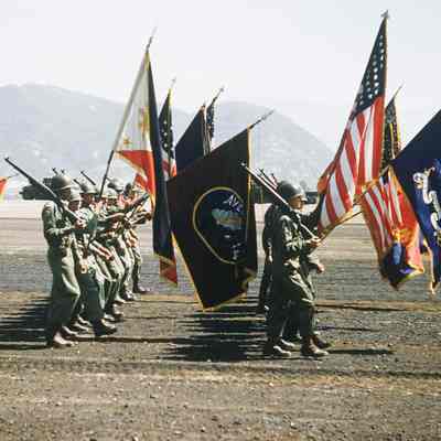 Soldiers marching during a review with flags