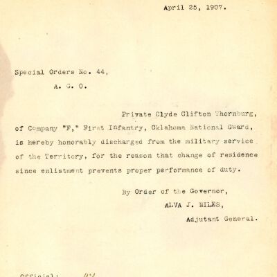 Special Order #44 Headquarters Oklahoma National Guard-1907