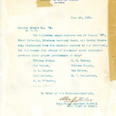 Special Order #73 Headquarters Oklahoma National Guard-1906