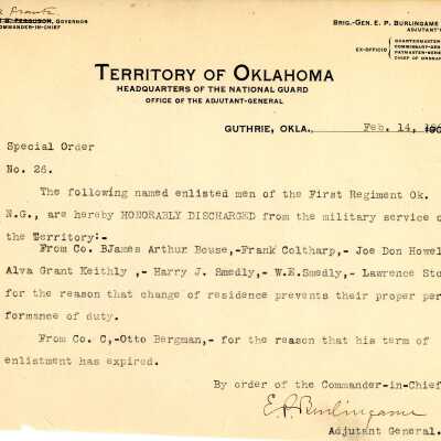 Special Order #26 Headquarters Oklahoma National Guard-1906