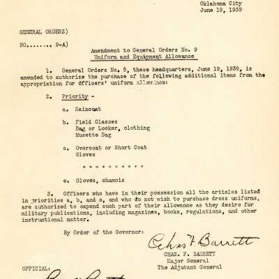 General Order #9-A Headquarters Oklahoma National Guard-1939