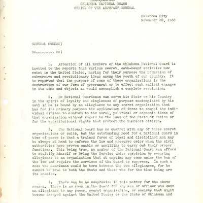 General Order #22 Headquarters Oklahoma National Guard-1938
