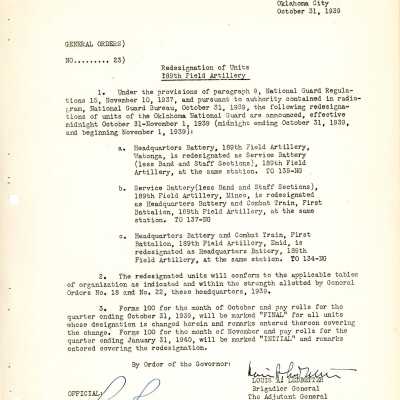 General Order #23 Headquarters Oklahoma National Guard-1939