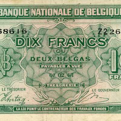 Belgian Ten Francs - Two Belgas Type 1943 English Issue