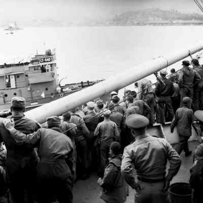 Soldiers waiting to disembark troop ship