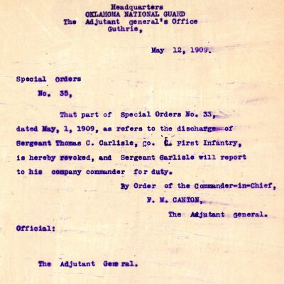 Special Order #35 Headquarters Oklahoma National Guard-1909