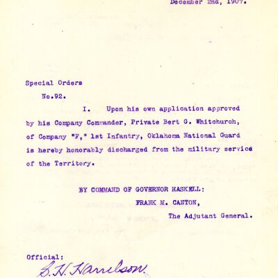 Special Order #92 Headquarters Oklahoma National Guard-1907