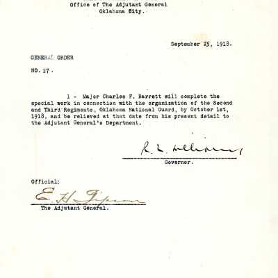 General Order #17 Headquarters Oklahoma National Guard-1918