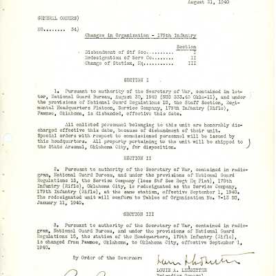 General Order #34 Headquarters Oklahoma National Guard-1940