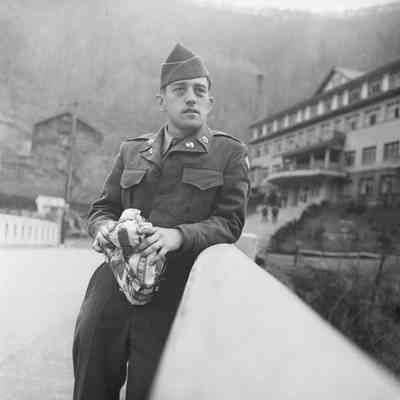 Soldier posed in front of the Noboribetsu Hotel
