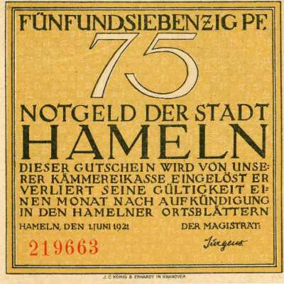 German City of Hameln Seventy-Five Pfennig Notgeld