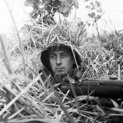 Soldier in camouflage hides in brush