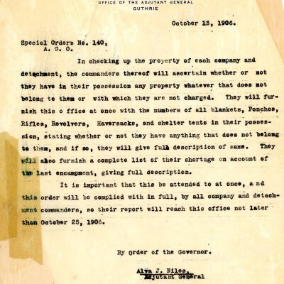 Special Order #140 Headquarters Oklahoma National Guard-1906