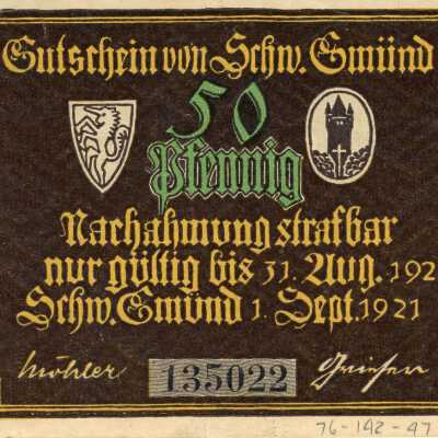 German City of Schwäbisch Gmünd Fifty Pfennig Notgeld