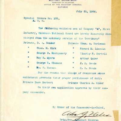 Special Order #105 Headquarters Oklahoma National Guard-1906