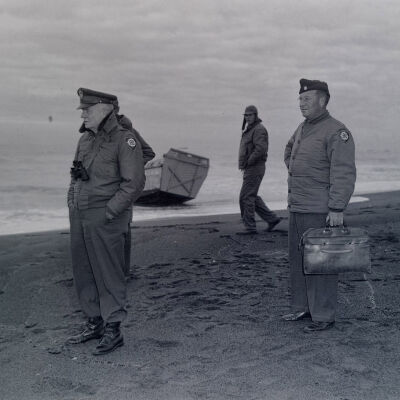 Major General Roderick Allen observing beach landing exercises