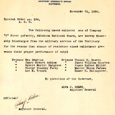 Special Order #154 Headquarters Oklahoma National Guard-1906