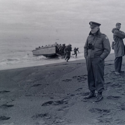 Major General Roderick Allen observing beach landing practice