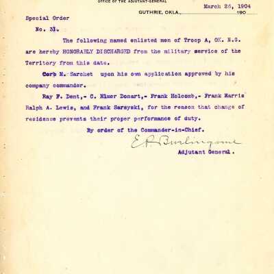 Special Order #31 Headquarters Oklahoma National Guard-1904