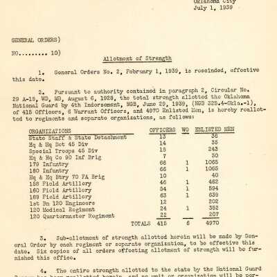 General Order #10 Headquarters Oklahoma National Guard-1939
