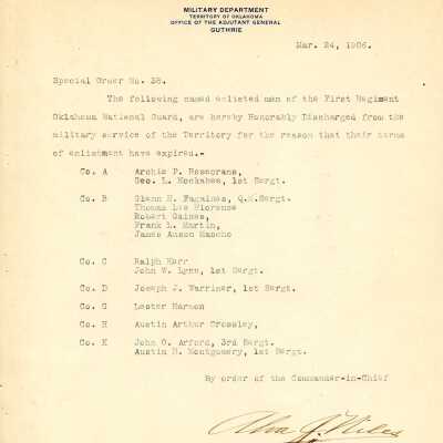Special Order #38 Headquarters Oklahoma National Guard-1906
