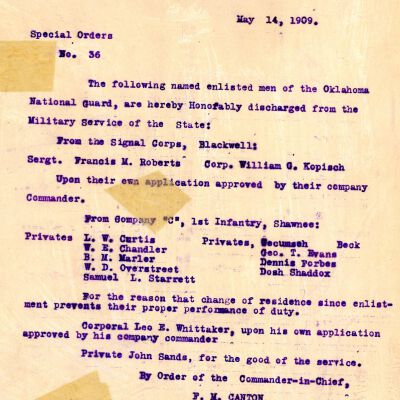 Special Order #36 Headquarters Oklahoma National Guard-1909