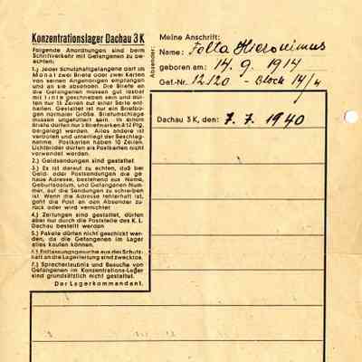 Dachau Inmate Letter and Envelope