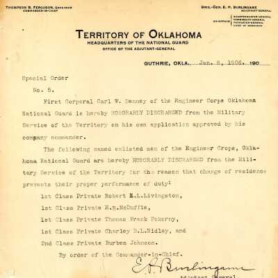 Special Order #5 Headquarters Oklahoma National Guard-1906