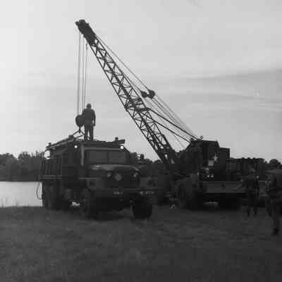 Soldiers training to construct a pontoon bridge