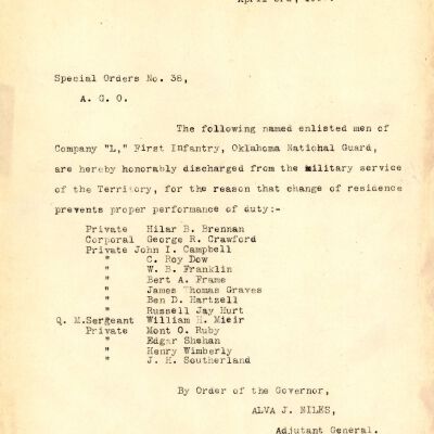 Special Order #38 Headquarters Oklahoma National Guard-1907