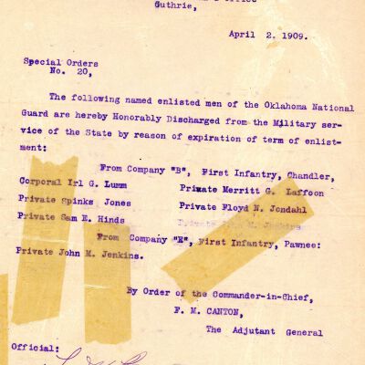 Special Order #20 Headquarters Oklahoma National Guard-1909