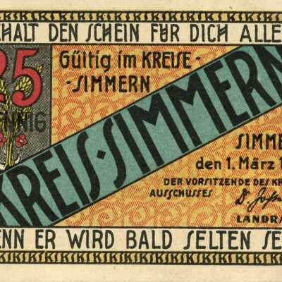 German City of Simmern Twenty-Five Pfennig Notgeld-1921