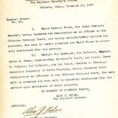Special Order #85 Headquarters Oklahoma National Guard-1907