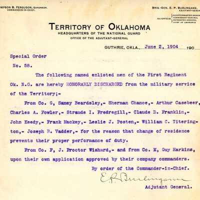 Special Order #58 Headquarters Oklahoma National Guard-1904