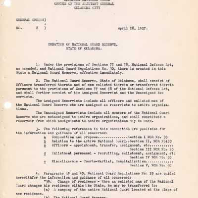 General Order #8 Headquarters Oklahoma National Guard-1927