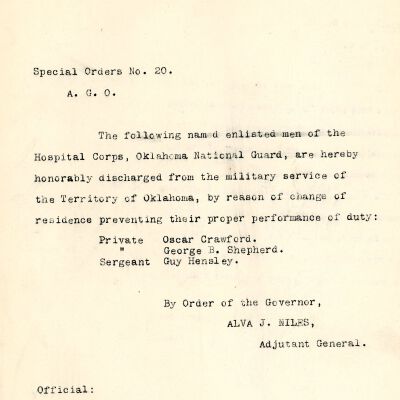 Special Order #20 Headquarters Oklahoma National Guard-1907