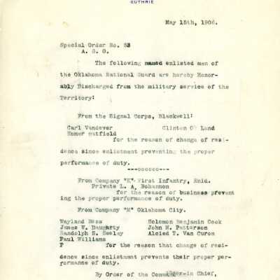 Special Order #53 Headquarters Oklahoma National Guard-1906