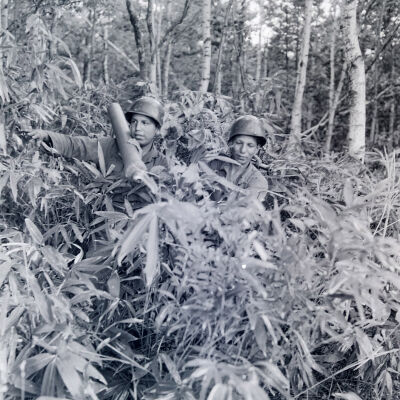 Two soldiers carrying a mortar through heavy brush