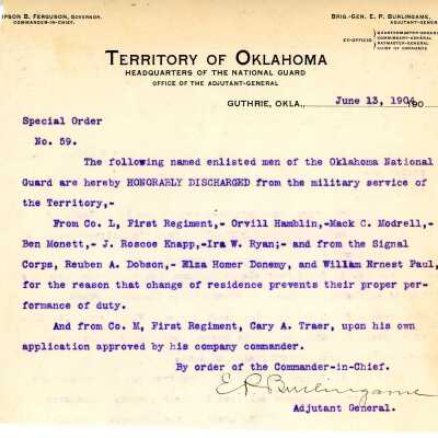 Special Order #59 Headquarters Oklahoma National Guard-1904