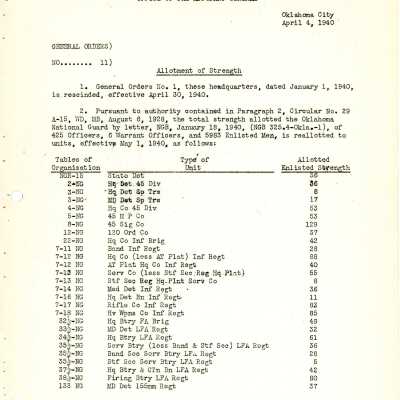 General Order #11 Headquarters Oklahoma National Guard-1940
